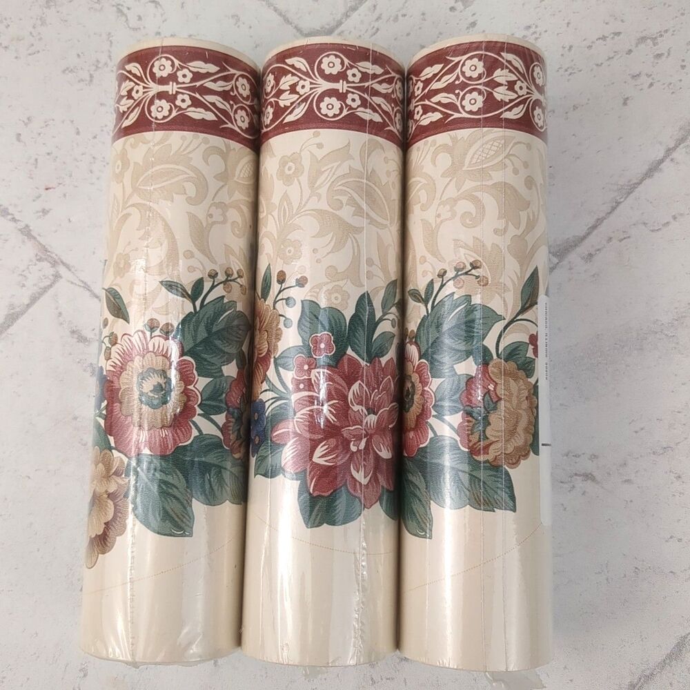 3 Rolls Wallpaper Scalloped Edge Border Burgundy Victorian Floral 5 YD Rolls NEW